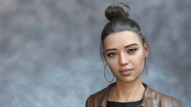 3D portrait of beautiful brunette caucasian young woman with trendy makeup looking at camera on light grey background with copy space. Modern concept 3D illustration from my own rendering.