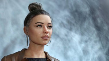 3D portrait of attractive elegant brunette caucasian young woman with trendy makeup looking into the distance on grey background with copy space. Modern art 3D illustration from my own rendering.