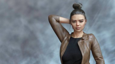 Half-length 3D portrait of beautiful and trendy brunette caucasian young woman in informal dress looking at camera on grey background with copy space. Modern 3D illustration from my own rendering.