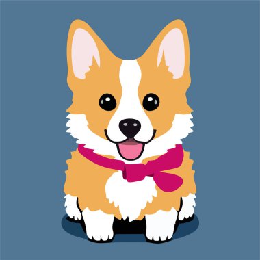 Kawaii çizgi filminde yerde oturmuş mavi arka planda izole edilmiş şirin bir Corgi köpek yavrusunun portresi. Düz vektör grafik illüstrasyonu.