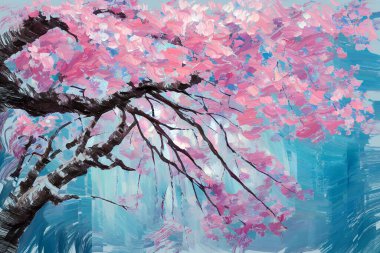 Expressive colorful painting sketch of lush blooming japanese pink sakura cherry tree branch in full blossom. My own digital art illustration for spring season. clipart