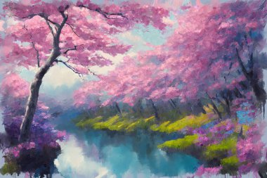 Picturesque bright spring landscape with lush blooming japanese pink sakura cherry trees in full blossom over calm lake water. My own digital art painting illustration. clipart