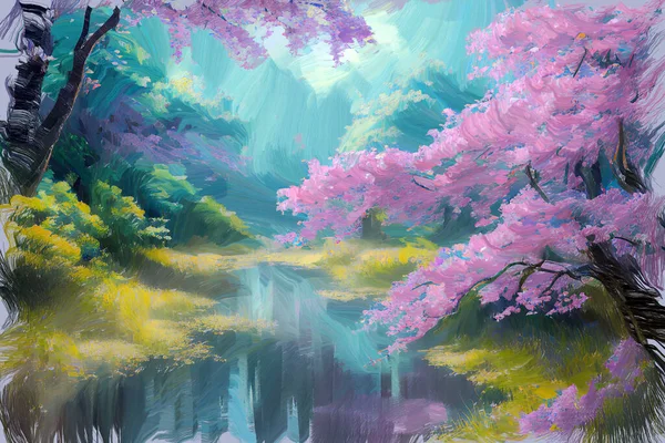 Tranquil picturesque scenery with japanese pink sakura cherry trees in full blossom over calm lake water in spring garden. My own digital art painting illustration.