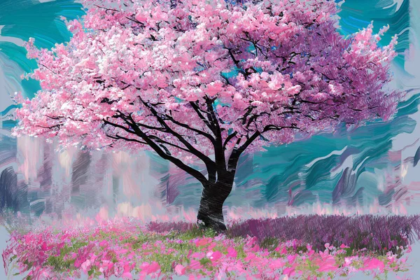満開のピンクの桜の一本一本が美しい春の風景 春のための私自身のデジタルアート絵画イラスト — ストック写真