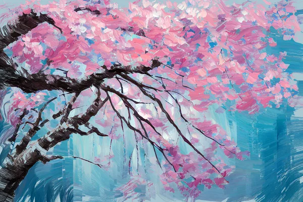 Wyraźny Kolorowy Szkic Malarski Bujnej Kwitnącej Japońskiej Różowej Gałęzi Drzewa — Zdjęcie stockowe