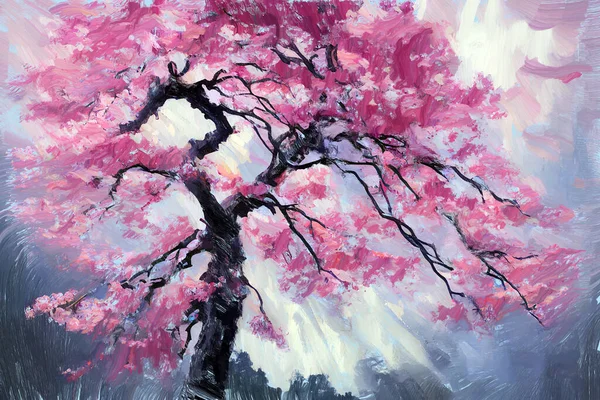 満開の日本のピンクの桜の木の緑豊かな花の鮮やかな絵のスケッチを表現しています 春の季節のための私自身のデジタルアートイラスト — ストック写真