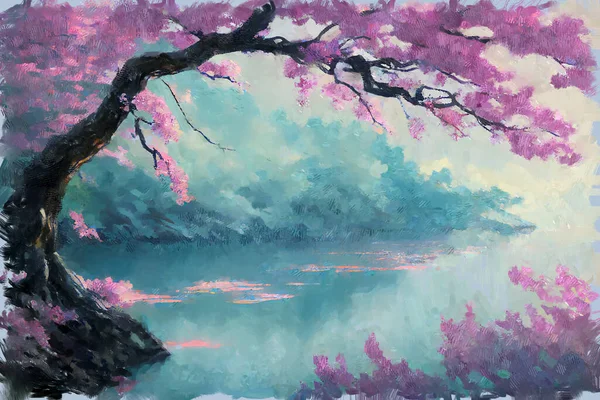 일본의 분홍빛 사쿠라 나무가 아름다운 디지털 페인팅 일러스트는 — 스톡 사진