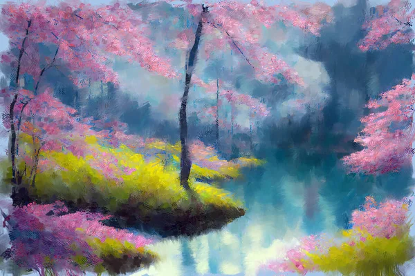 Спокойный Живописный Весенний Пейзаж Пышными Цветущими Японскими Розовыми Сакурой Вишневых — стоковое фото