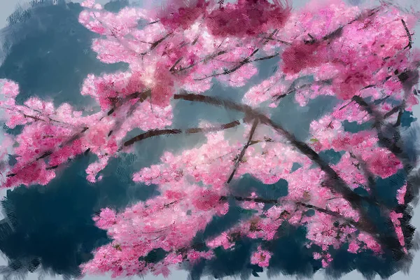 満開の日本のピンクの桜の枝を満開のクローズアップで表現した絵画のスケッチ 春の季節のための私自身のデジタルアートイラスト — ストック写真