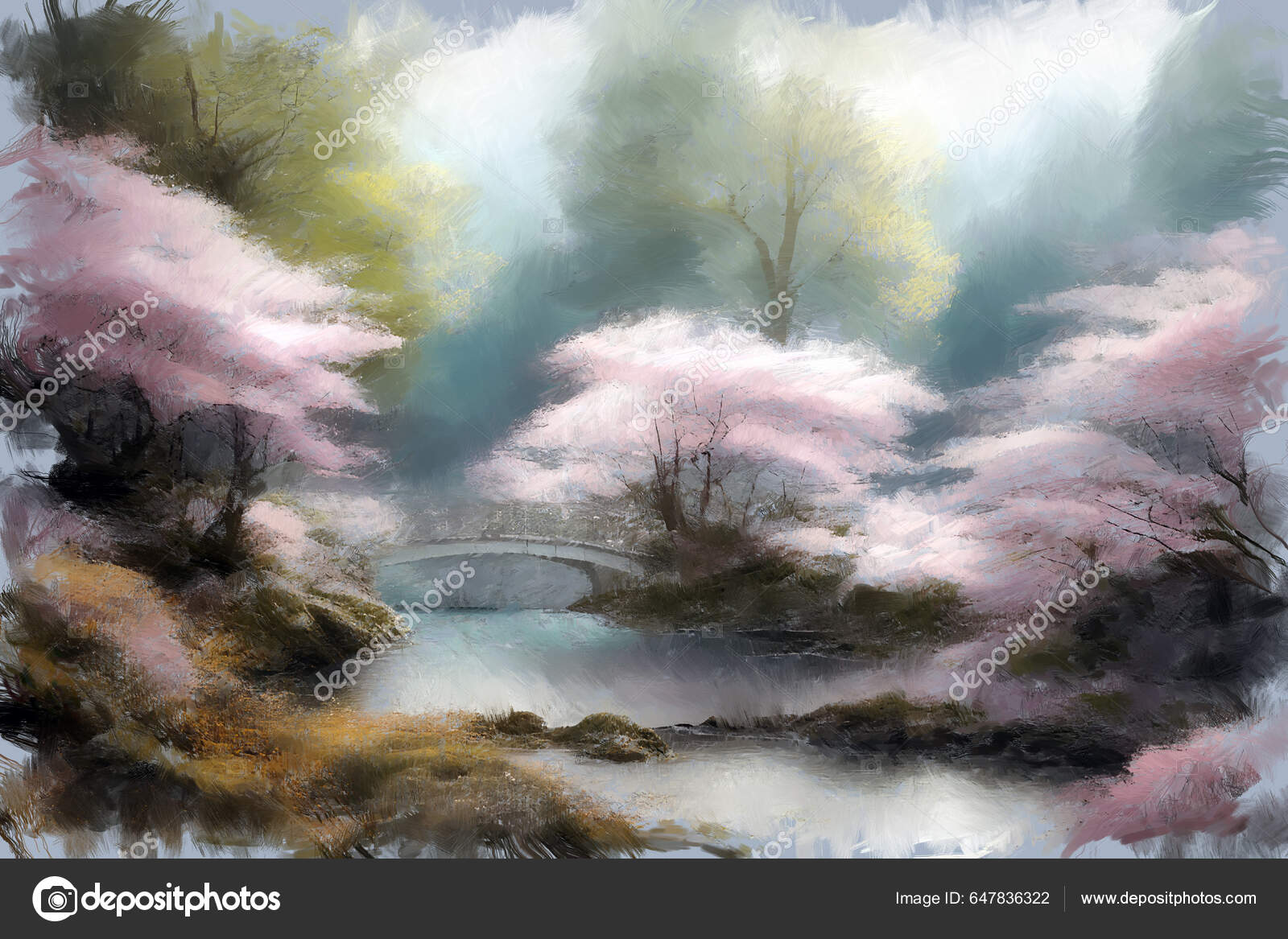 Illustration de Peinture L'huile Impressionniste Moderne Jardin Japonais  Luxuriant Printemps Avec Des par Marsea© #647836322