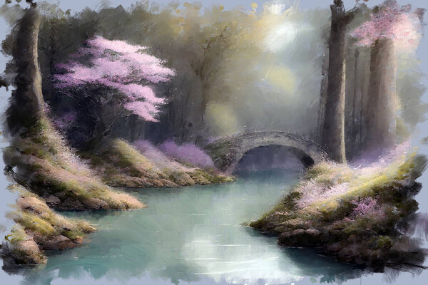 Expressive impressionist oil painting of lush blooming scenic spring garden with sakura cherry trees in full blossom and bridge over river. My own digital art illustration landscape.