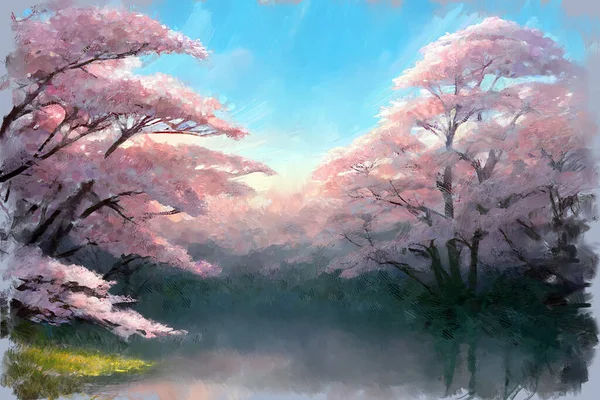 緑豊かな春の庭で穏やかな湖の水の上に満開のピンクの桜の木と絵のような風景 私自身の印象派デジタルアート絵画イラスト — ストック写真