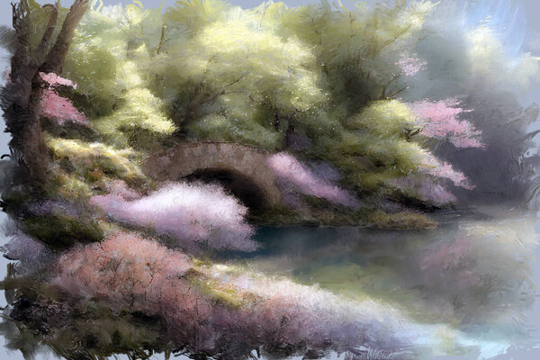 Modern impressionist oil painting of lush blooming spring japanese garden with sakura cherry trees in bloom. My own digital art illustration solitary place landscape.