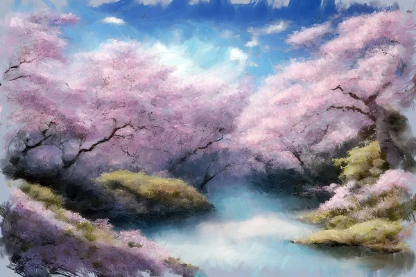 Picturesque landscape with japanese pink sakura cherry trees in full blossom over calm river water in lush spring garden. My own impressionist digital art painting illustration.