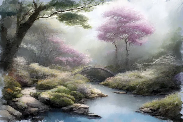 Expresszív Impresszionista Olajfestmény Buja Virágzó Tavasz Japán Kert Rózsaszín Sakura — Stock Fotó