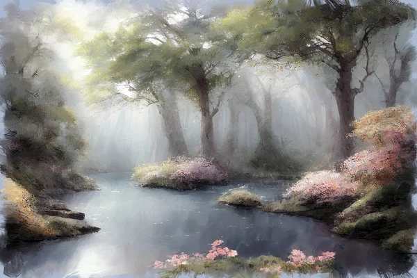 Modern impressionist oil painting of lush blooming spring forest or garden with pink sakura cherry trees in full blossom and calm river. My own digital art illustration landscape.