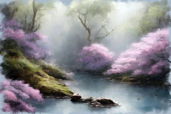 Heitere Landschaft Mit Rosa Sakura Kirschbäumen Voller Blüte Flussufer Üppigen — Stockfoto