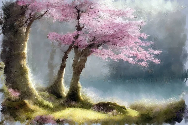 Picturesque spring landscape with lush blooming pink sakura cherry tree in full blossom in tranquil japanese garden. My own impressionist digital art painting illustration.