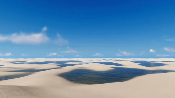 ブラジルのレニス マランヘス国立公園の白い砂丘と雨水ラグーンが晴れた日にあるユニークな砂漠の風景 私の3Dレンダリングからの自然な背景の3Dイラストを持つ人はいません — ストック写真