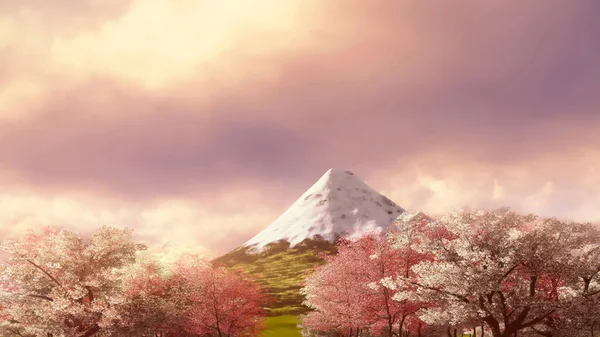 Tavaszi Táj Buja Virágzó Sakura Cseresznyefákkal Teljes Virágzással Hegyi Fujival — Stock Fotó