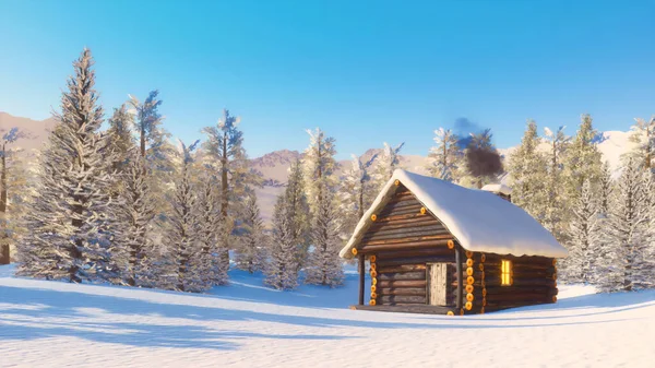 Przytulny Zaciszny Śnieżny Drewniany Domek Kominem Dla Palących Wśród Pokrytego — Zdjęcie stockowe