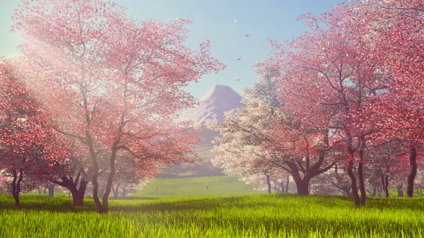 Bereketli Bahar Manzarası Çiçek Açan Kiraz Bahçesi Güneş Işığı Ağaçların — Stok fotoğraf