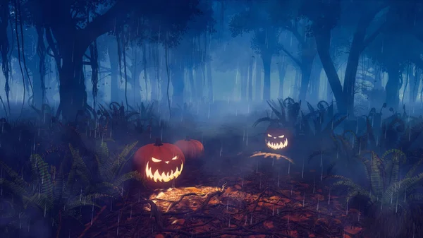 在雾蒙蒙的雨夜或黄昏 奥灯在神秘的秋天森林里 在闹鬼的小径上雕刻万圣节南瓜 没有人秋天的节日3D插图 — 图库照片