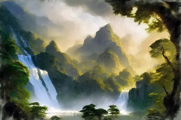 Moderne Impressionistische Ölmalerei Der Hochgebirgslandschaft Mit Malerischem Wasserfall Inmitten Üppigen — Stockfoto