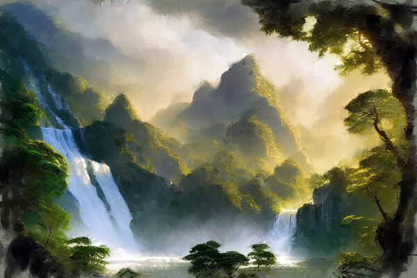 Modern impressionist oil painting of high mountain landscape with scenic waterfall among lush rain forest thicket. My own digital art illustration of solitary serene place.