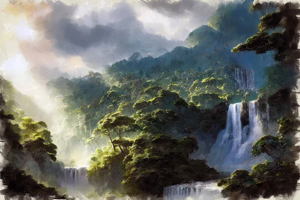 Bereketli Yağmur Ormanlarının Arasında Manzaralı Şelaleli Yüksek Tropikal Manzaranın Modern — Stok fotoğraf