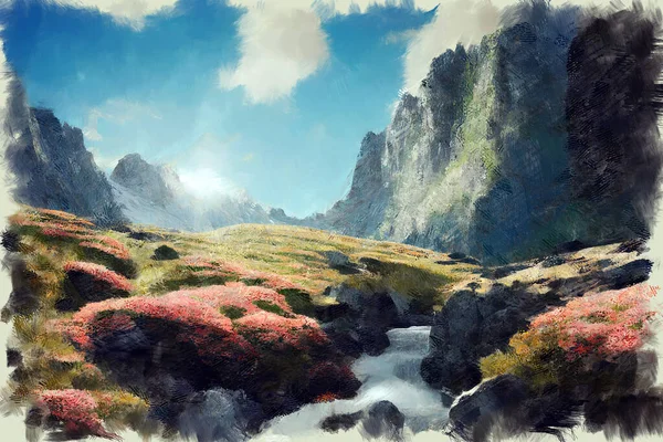 Εκφραστική Φωτεινό Σκίτσο Ζωγραφική Γραφικό Ορεινό Τοπίο Ρεύμα Ποταμού Ρέει — Φωτογραφία Αρχείου