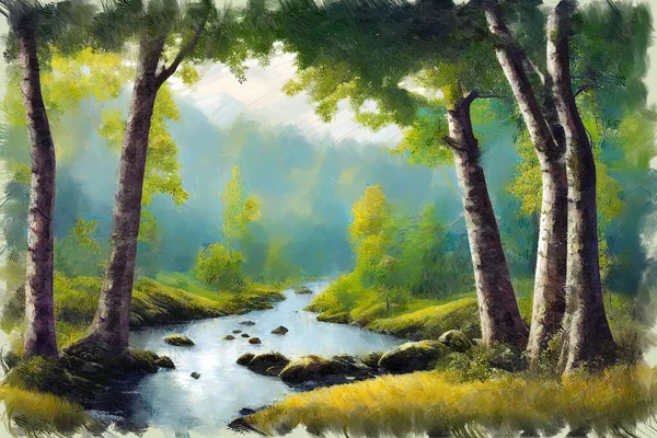 Malowniczy Jasny Krajobraz Leśny Cichą Rzeką Leśną Wśród Malowniczego Gaju — Zdjęcie stockowe