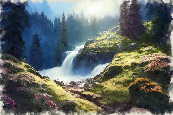 Moderne Impressionistische Olieverfschilderij Van Schilderachtige Berglandschap Met Rivier Waterval Stromen — Stockfoto