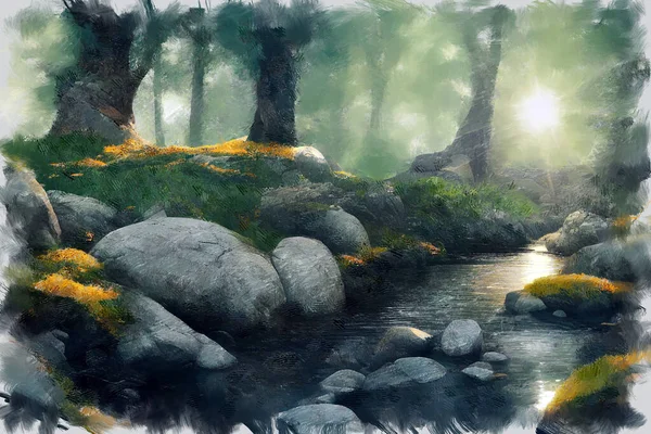 Ескіз Мальовничого Лісового Ландшафту Річковим Потоком Серед Гірських Порід Глибокому — стокове фото