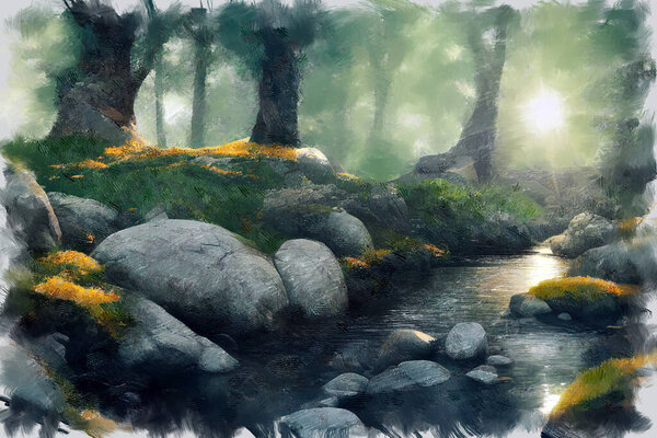 Expressive oil painting sketch of scenic woodland landscape with river stream flow among rocks in deep forest thicket. My own digital art illustration of serene wilderness place.