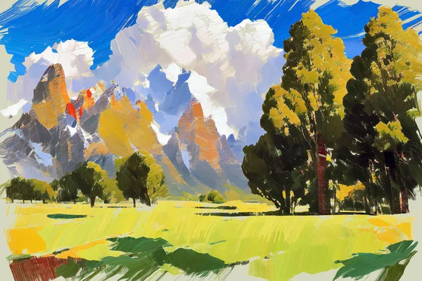 緑の丘陵地帯と夏の日に劇的な曇りの空の下で緑豊かな木々と絵のような山の風景のカラフルな油絵スケッチを表現しています 私自身のデジタルアートイラスト — ストック写真