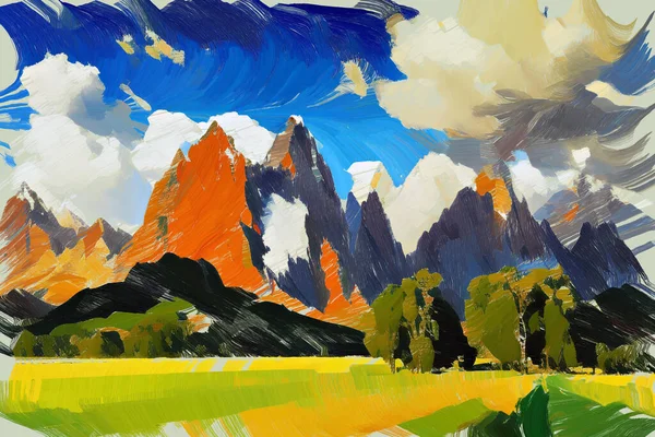 Moderne Impressionistische Olieverfschilderij Schets Van Schilderachtige Berglandschap Met Groene Uitlopers — Stockfoto