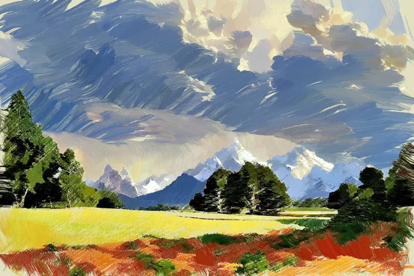 Expressieve Levendige Olieverfschilderij Schets Van Schilderachtige Landschap Met Kleurrijke Bloeiende — Stockfoto