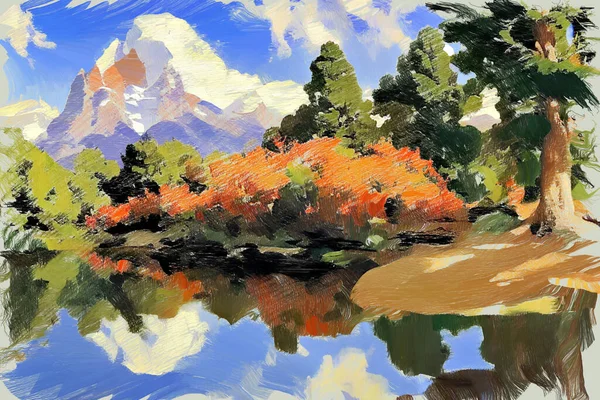 明るい秋の日に青空の下で麓の森の中のミラー湖と風光明媚な山の風景のカラフルな印象派の油絵スケッチ 私自身のデジタルアートイラスト — ストック写真