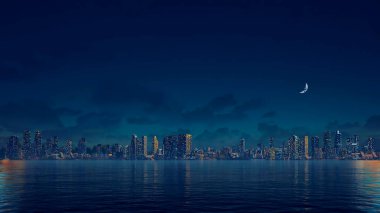 Abstract city skyline with modern high rise buildings skyscrapers reflected on calm mirror lake water surface against dark night sky background with half moon. With no people 3D illustration. clipart