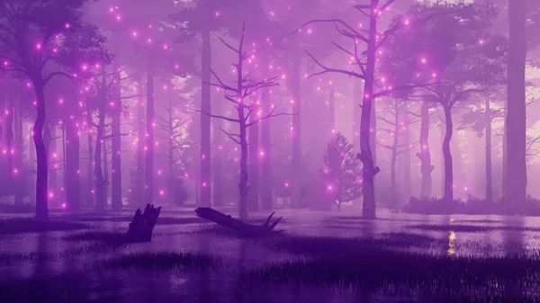 Luces Luciérnaga Sobrenaturales Volando Alrededor Siluetas Espeluznantes Árboles Muertos Bosque — Foto de Stock