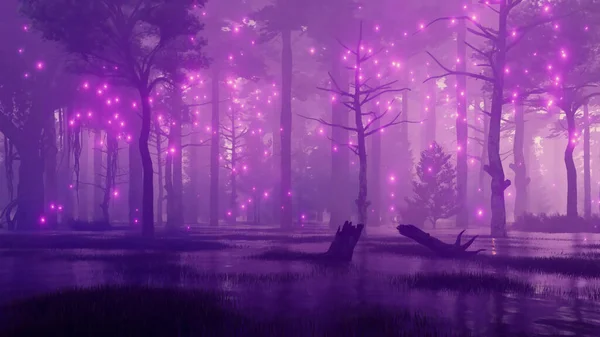 Misterioso Pantano Forestal Con Luces Luciérnaga Sobrenaturales Místicas Que Elevan — Foto de Stock