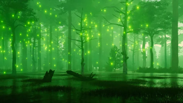 stock image Supernatural fairy firefly lights flying around creepy dead tree silhouettes in swampy mysterious night forest at foggy night. Fantasy 3D illustration from my 3D rendering file.