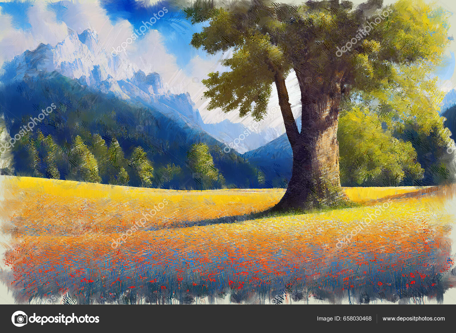 開花畑に一本の木と背景に丘陵林と絵のような山の風景の現代的な 開花畑に一本の木と背景に丘陵林と絵のような山の風景の現代的な