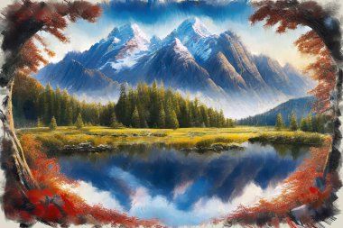 Modern empresyonist yağlı boya resim, sakin ayna gölü, dağlık orman ve yaz günü mavi gökyüzünün altında dağ manzarası çizimi. Kendi dijital sanat çizimim.
