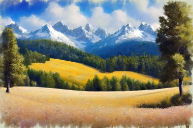 Çağdaş empresyonist yağlı boya resim çizimi renkli çim tarlaları, etekli ormanlar ve arka planda zirveler ile manzaralı dağ manzarası. Benim kendi dijital sanat çizimim kırsal alan..