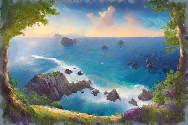 Modern Impressionist Oil Painting Sketch Idyllic Marine Landscape High Angle — Stock Photo, Image