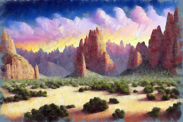 Экспрессивный Красочный Рисунок Маслом Причудливого Пустынного Пейзажа Песчаными Холмами Горами — стоковое фото