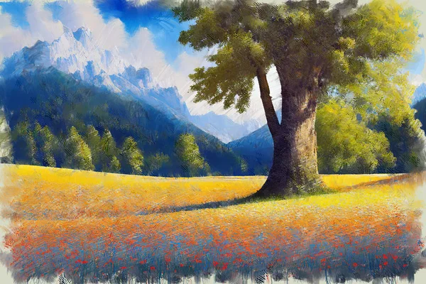Moderní Impresionistický Olejomalba Náčrtek Malebné Horské Krajiny Jedním Stromem Kvetoucím — Stock fotografie