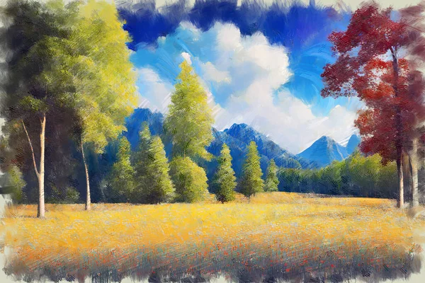 Pintura Óleo Colorido Expresivo Bosquejo Paisaje Montañoso Escénico Con Exuberante —  Fotos de Stock
